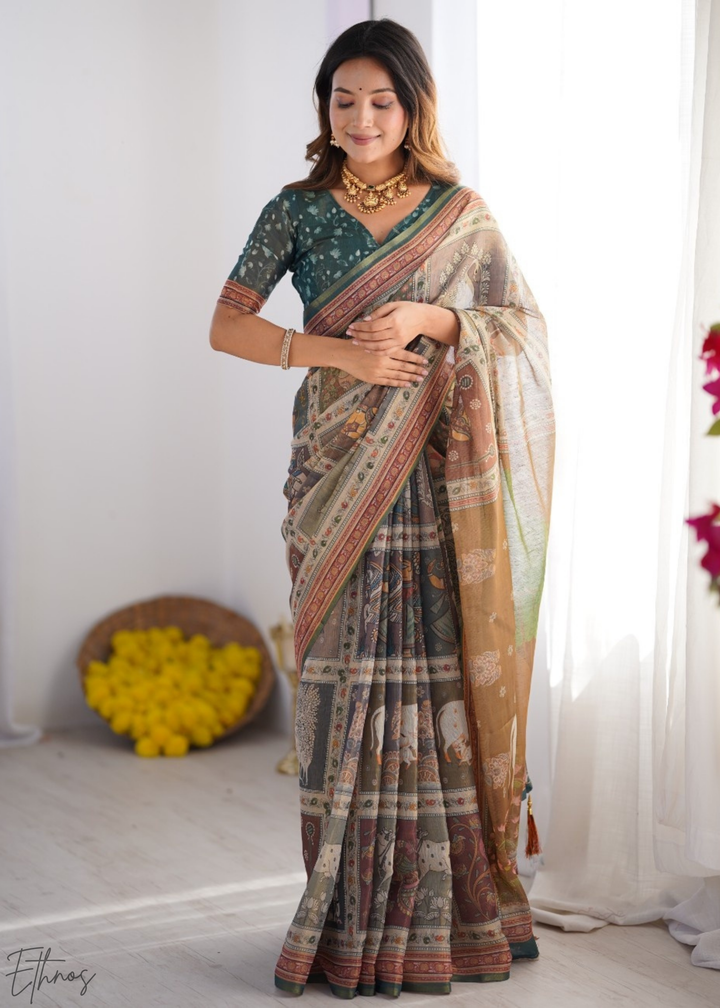 Olive Heritage Elephant Motif Cotton Linen Saree