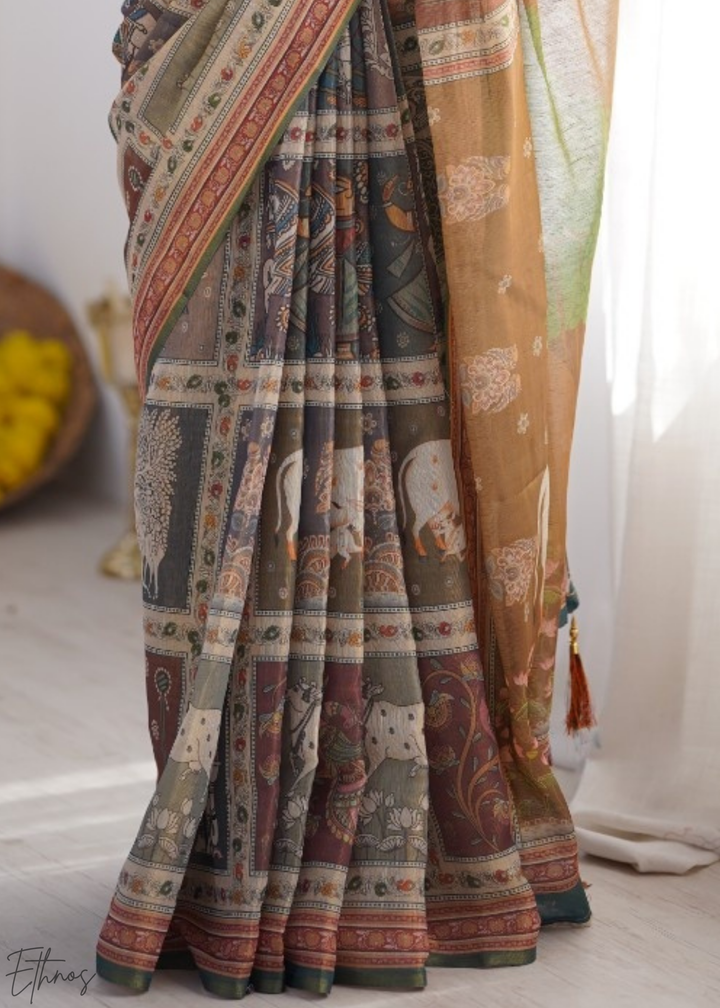 Olive Heritage Elephant Motif Cotton Linen Saree