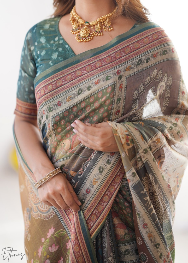 Olive Heritage Elephant Motif Cotton Linen Saree