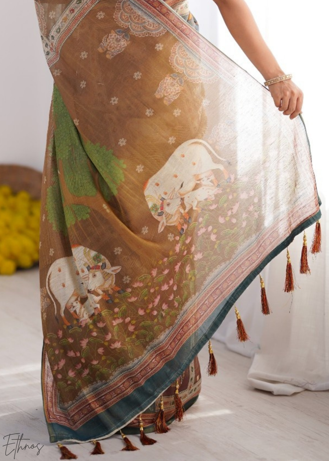 Olive Heritage Elephant Motif Cotton Linen Saree