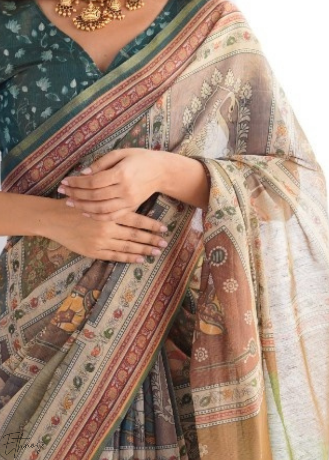 Olive Heritage Elephant Motif Cotton Linen Saree