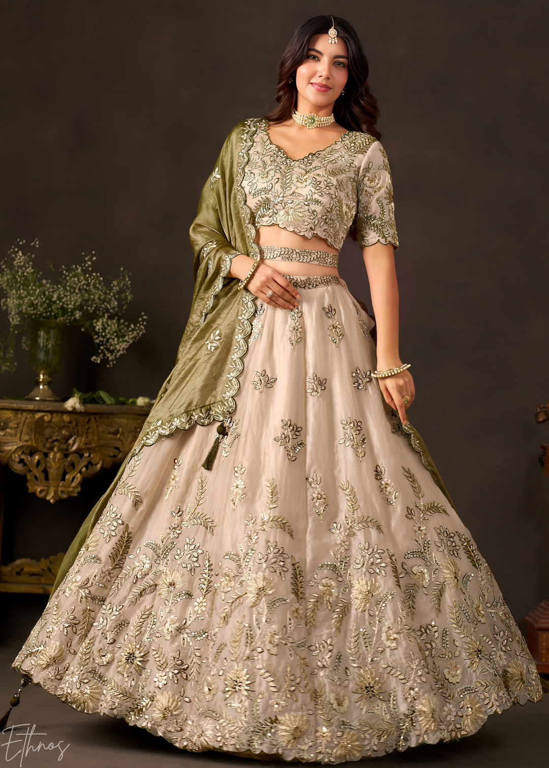Olive  Gilded Meadow Silk Lehenga Choli