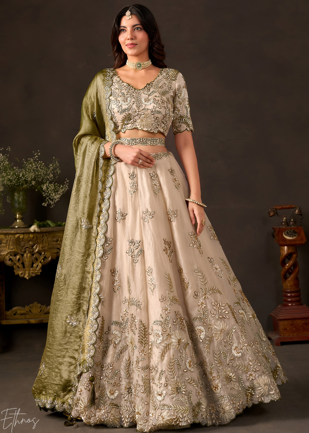 Olive  Gilded Meadow Silk Lehenga Choli
