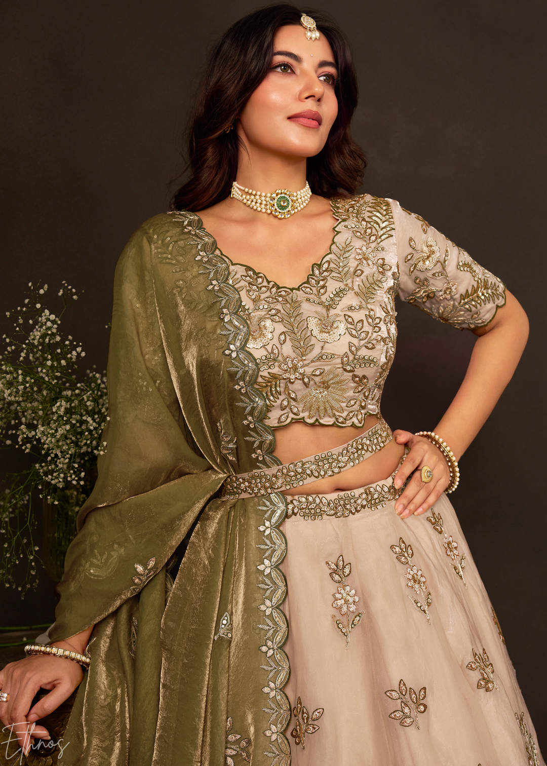Olive  Gilded Meadow Silk Lehenga Choli