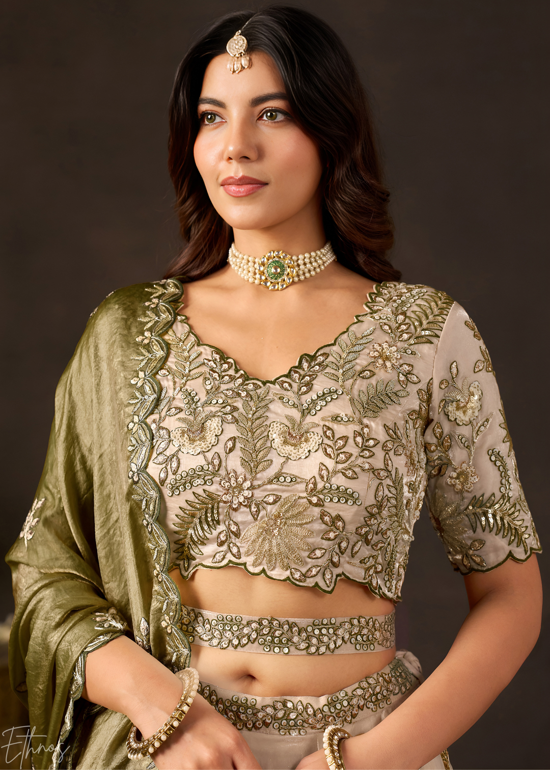 Olive  Gilded Meadow Silk Lehenga Choli