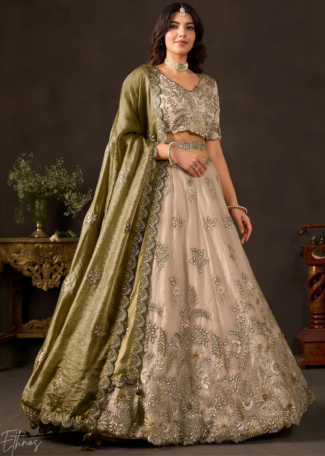 Olive  Gilded Meadow Silk Lehenga Choli