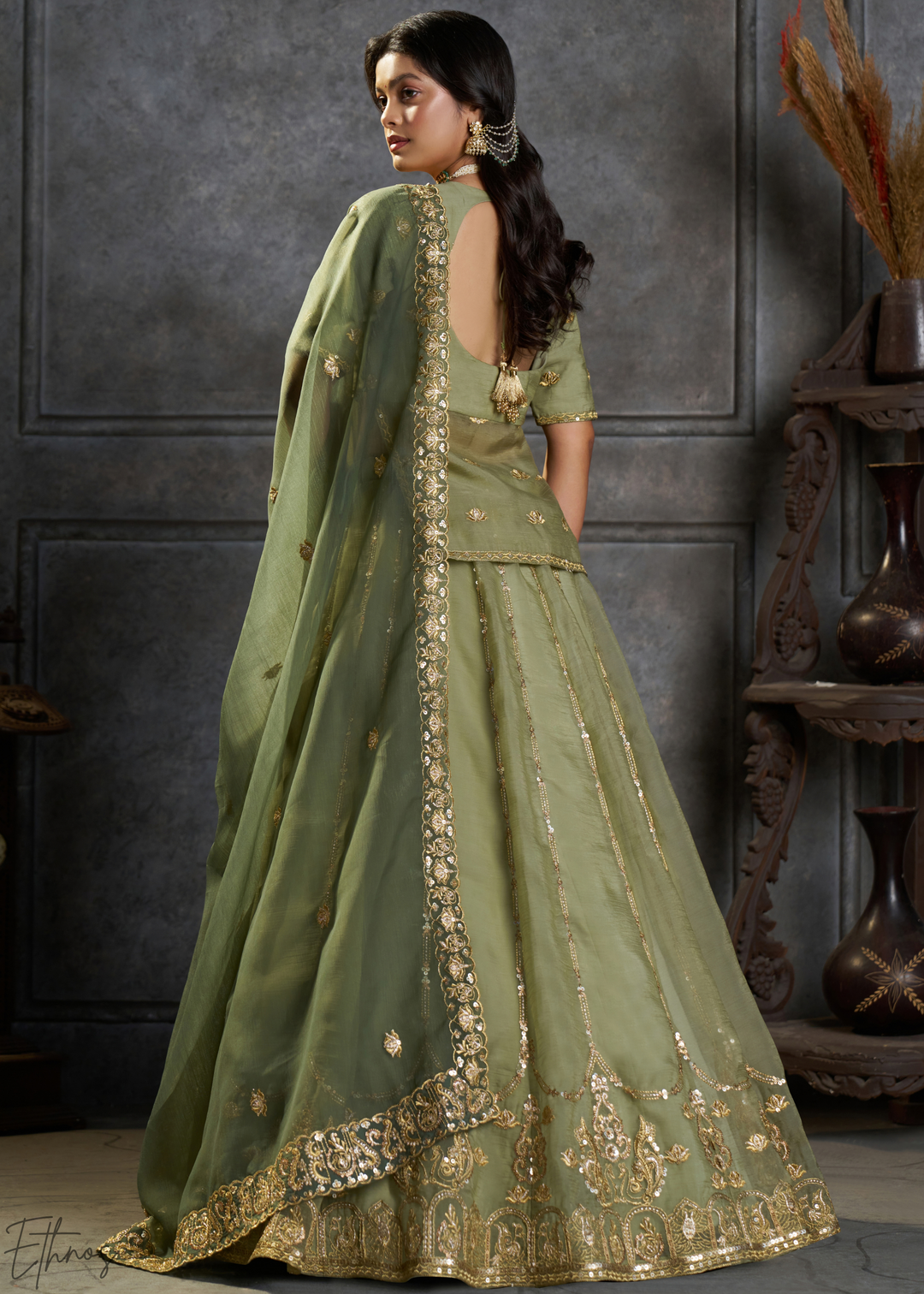 Olive Gilded Medallion Organza Lehenga Choli