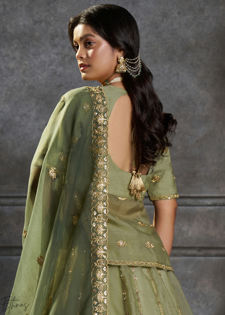 Olive Gilded Medallion Organza Lehenga Choli