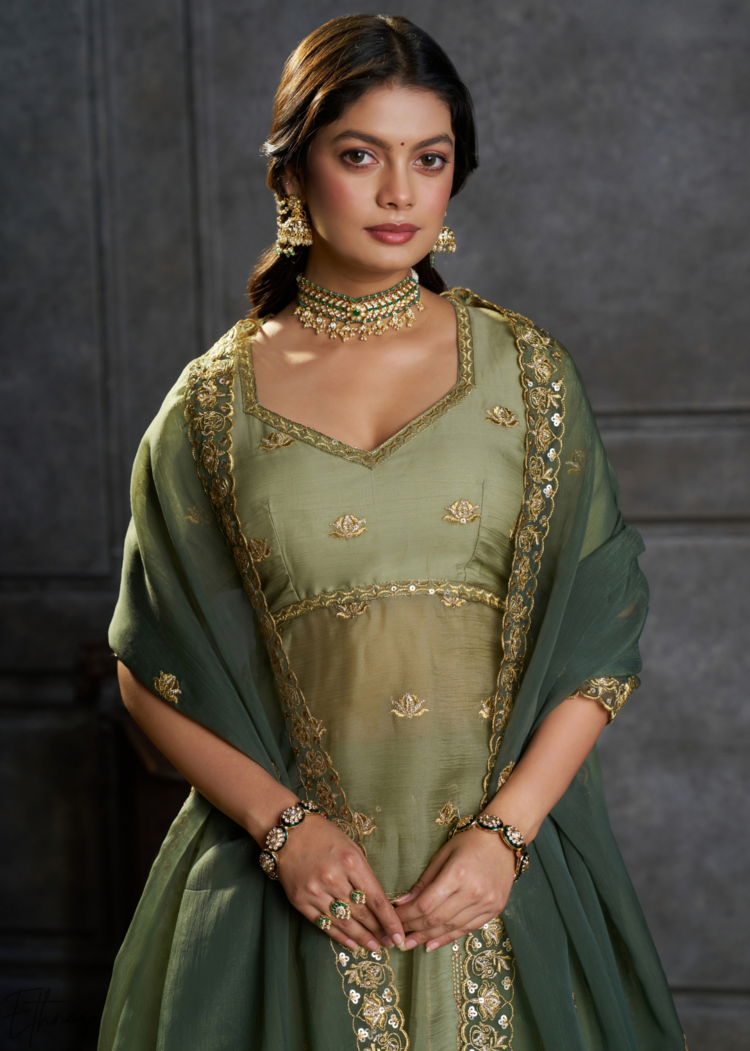 Olive Gilded Medallion Organza Lehenga Choli