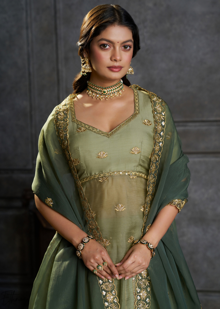 Olive Gilded Medallion Organza Lehenga Choli