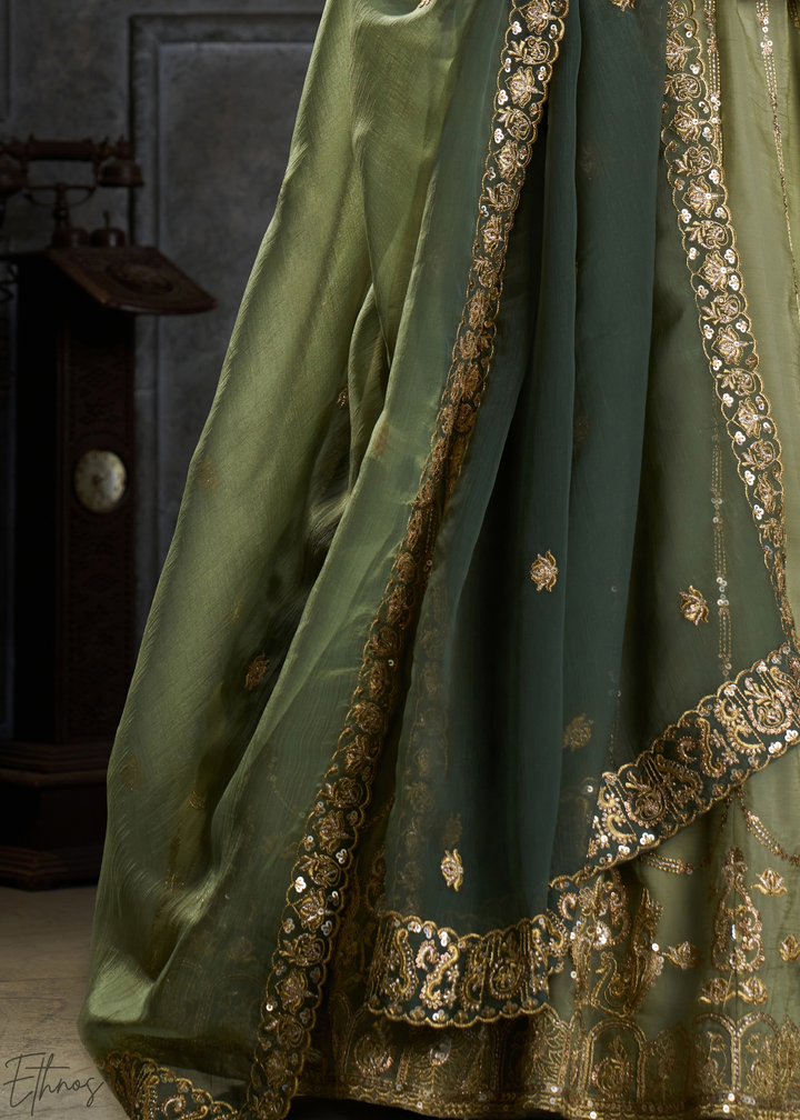 Olive Gilded Medallion Organza Lehenga Choli