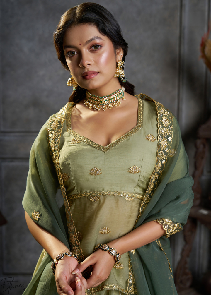 Olive Gilded Medallion Organza Lehenga Choli