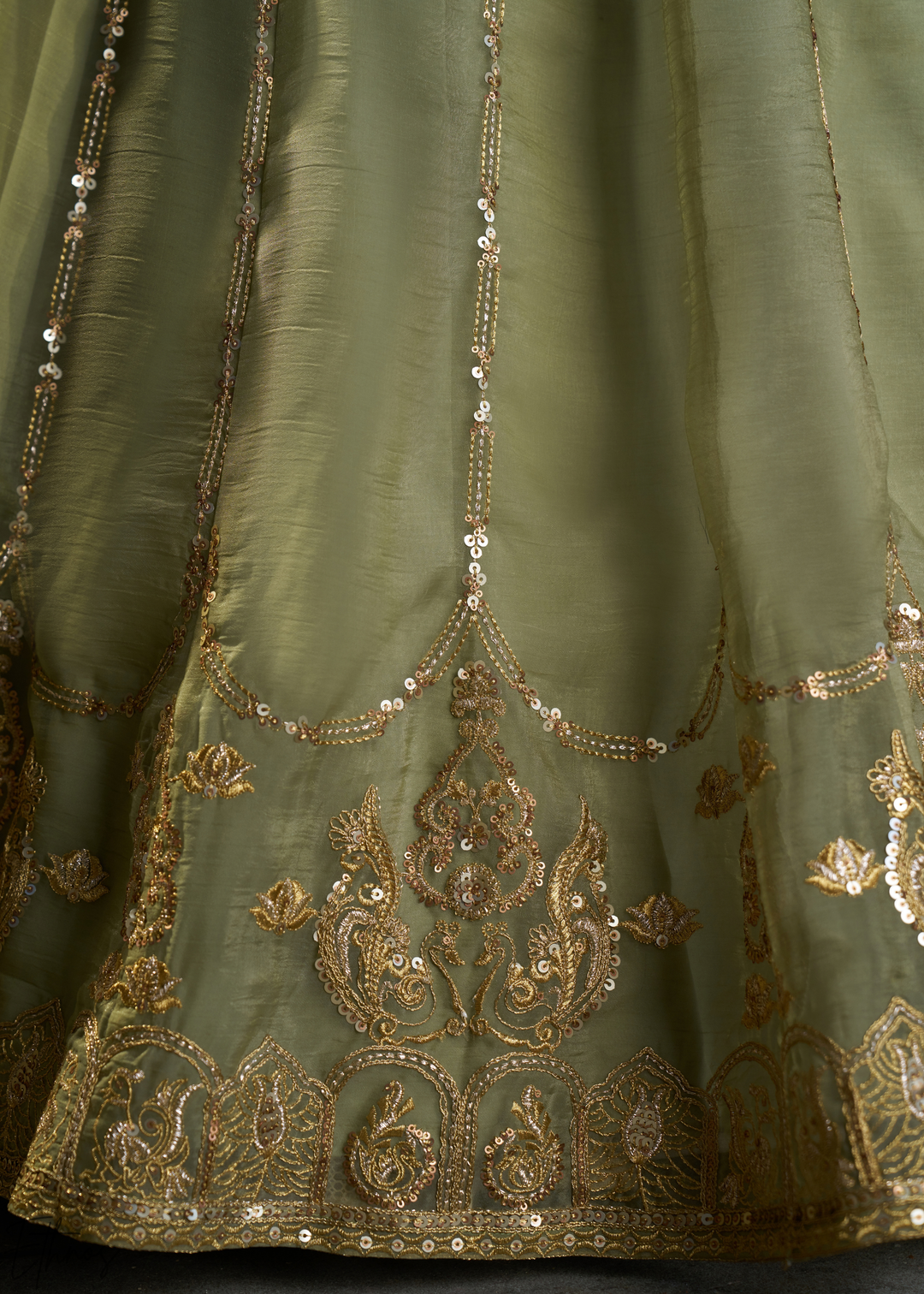 Olive Gilded Medallion Organza Lehenga Choli