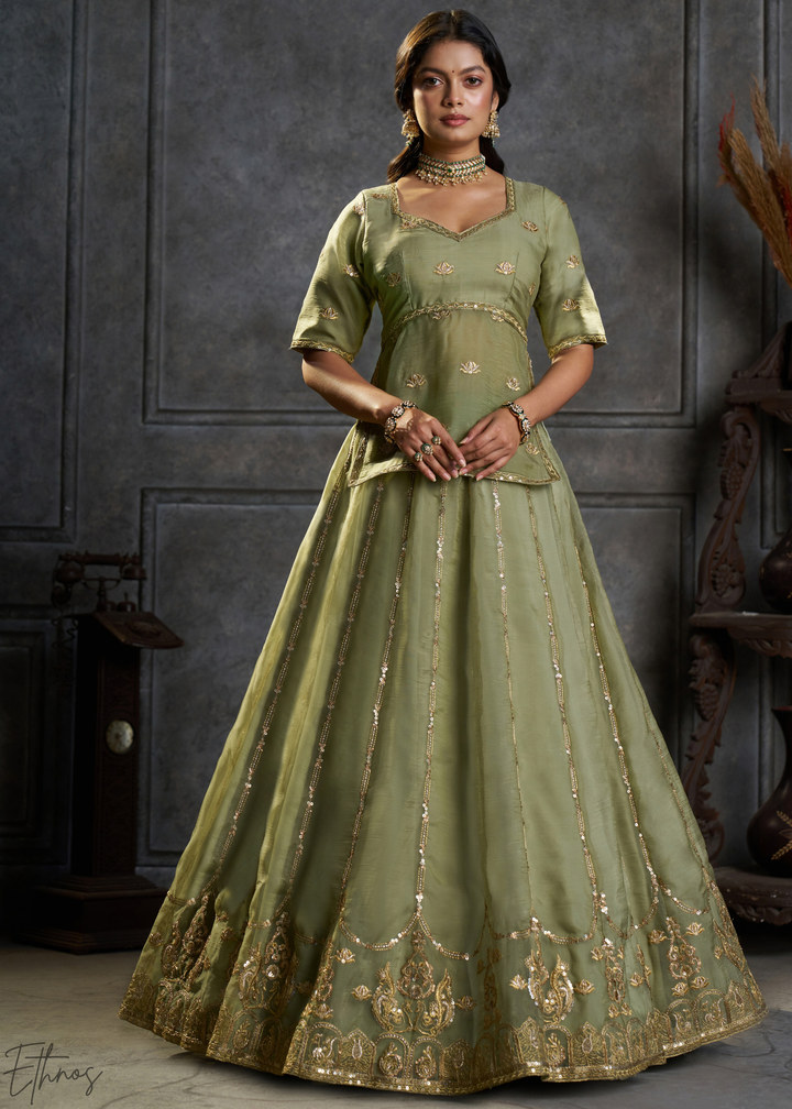 Olive Gilded Medallion Organza Lehenga Choli