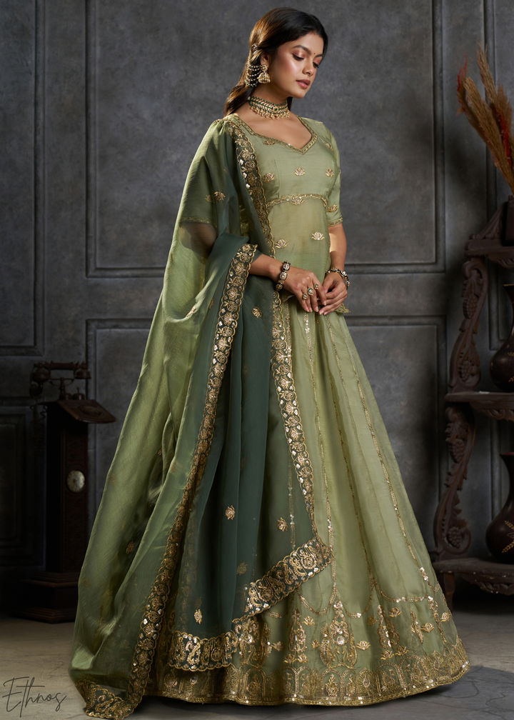 Olive Gilded Medallion Organza Lehenga Choli
