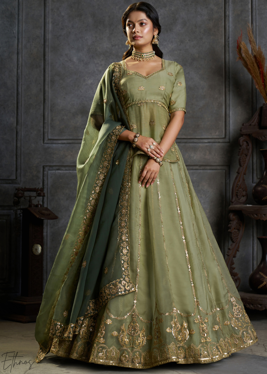 Olive Gilded Medallion Organza Lehenga Choli
