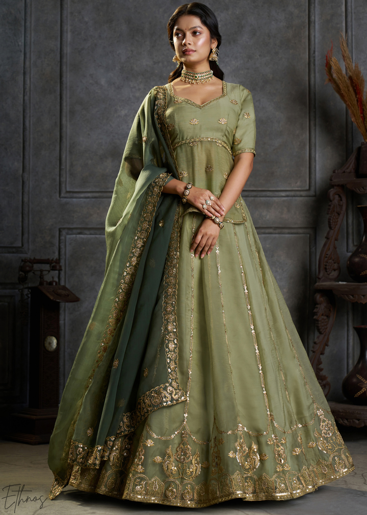 Olive Gilded Medallion Organza Lehenga Choli