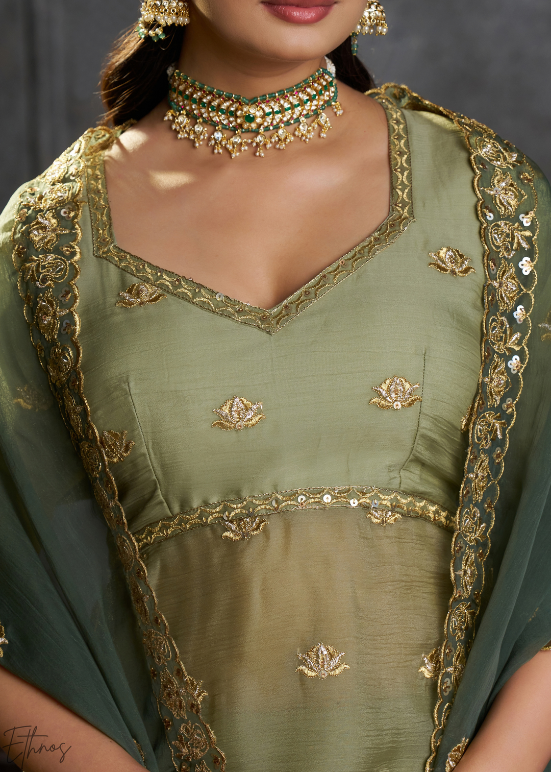 Olive Gilded Medallion Organza Lehenga Choli