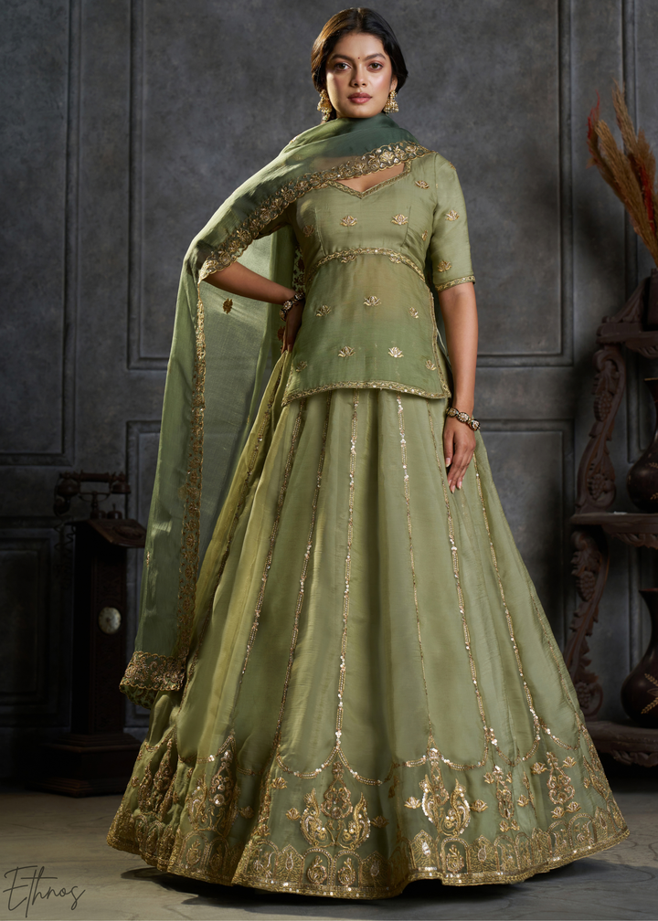 Olive Gilded Medallion Organza Lehenga Choli