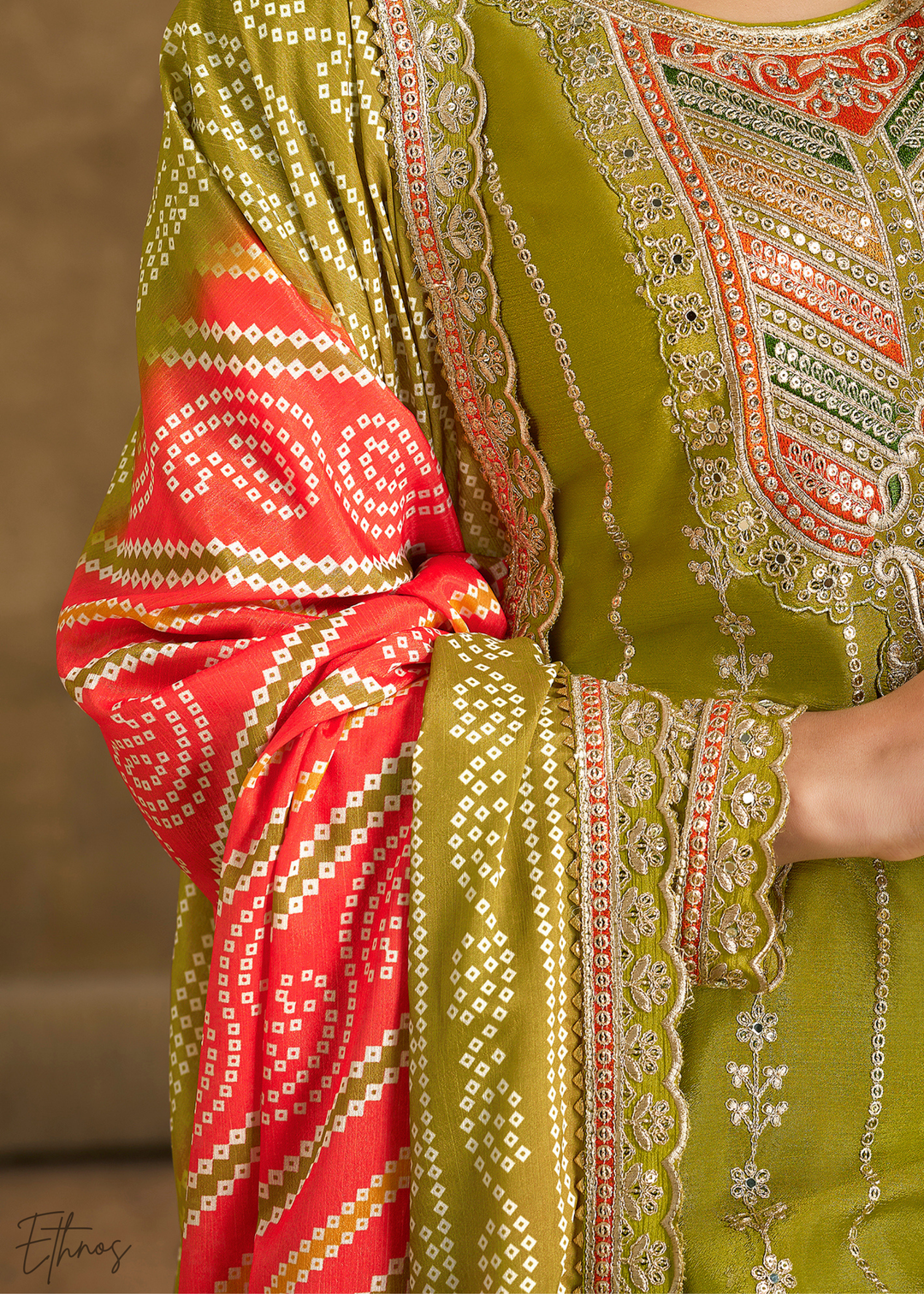 Olive Glaze Printed Chinon Dhoti Suit