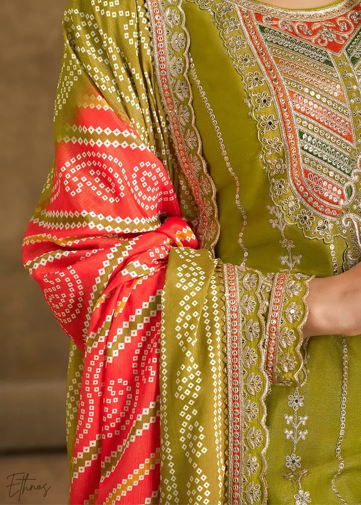 Olive Glaze Printed Chinon Dhoti Suit