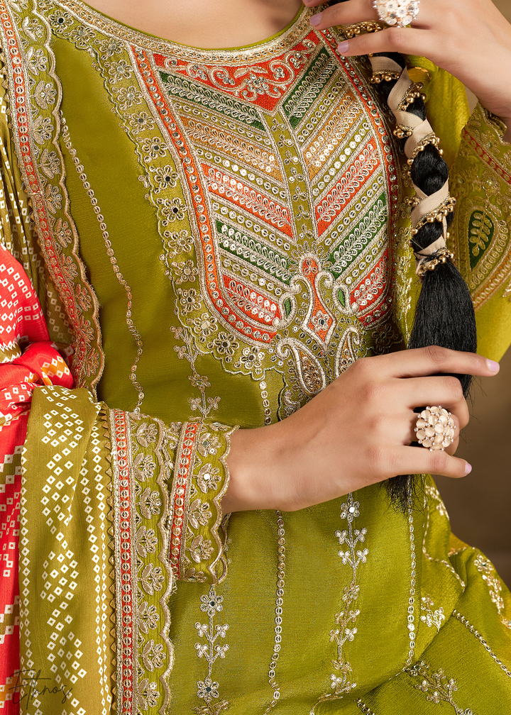 Olive Glaze Printed Chinon Dhoti Suit