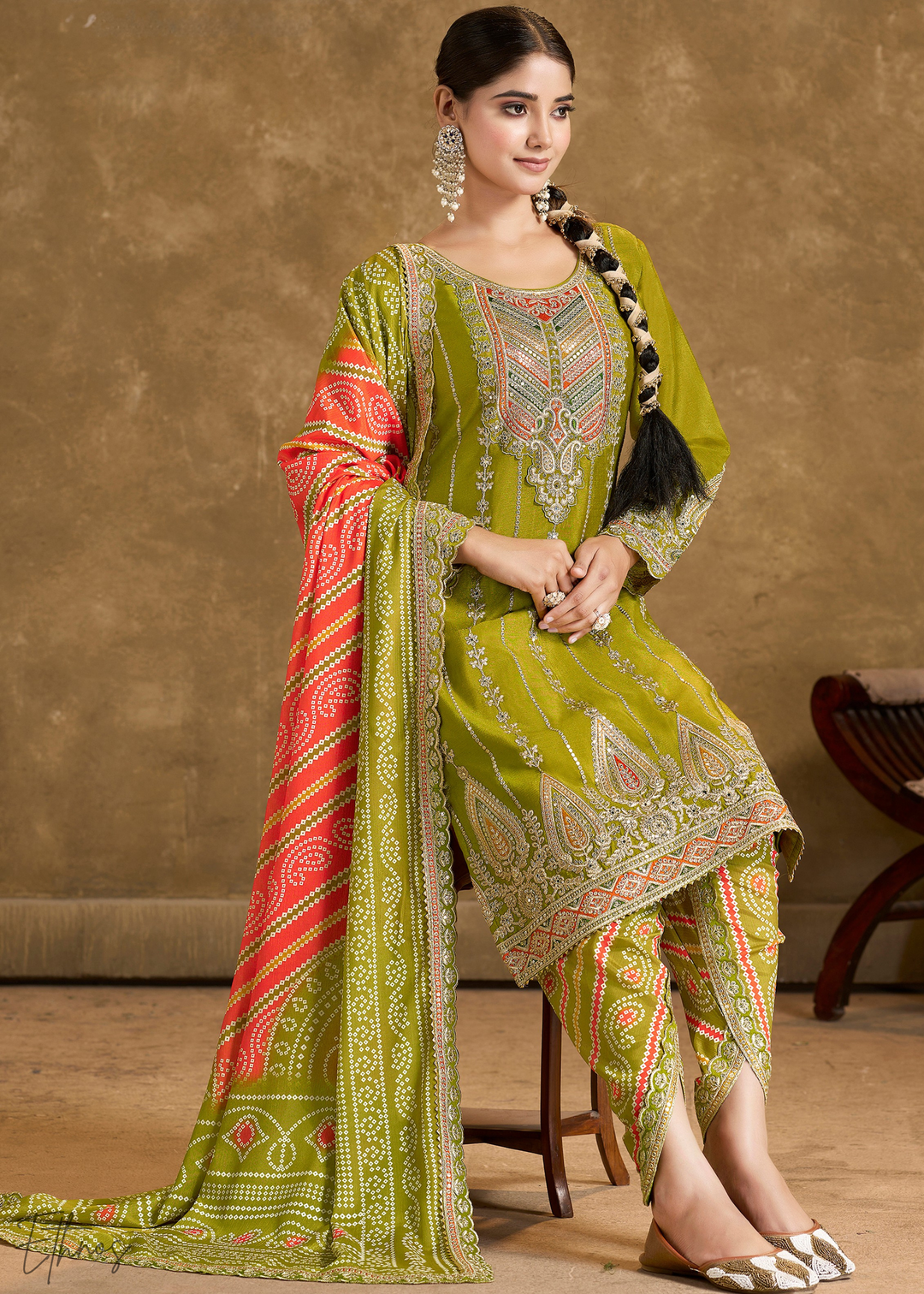 Olive Glaze Printed Chinon Dhoti Suit