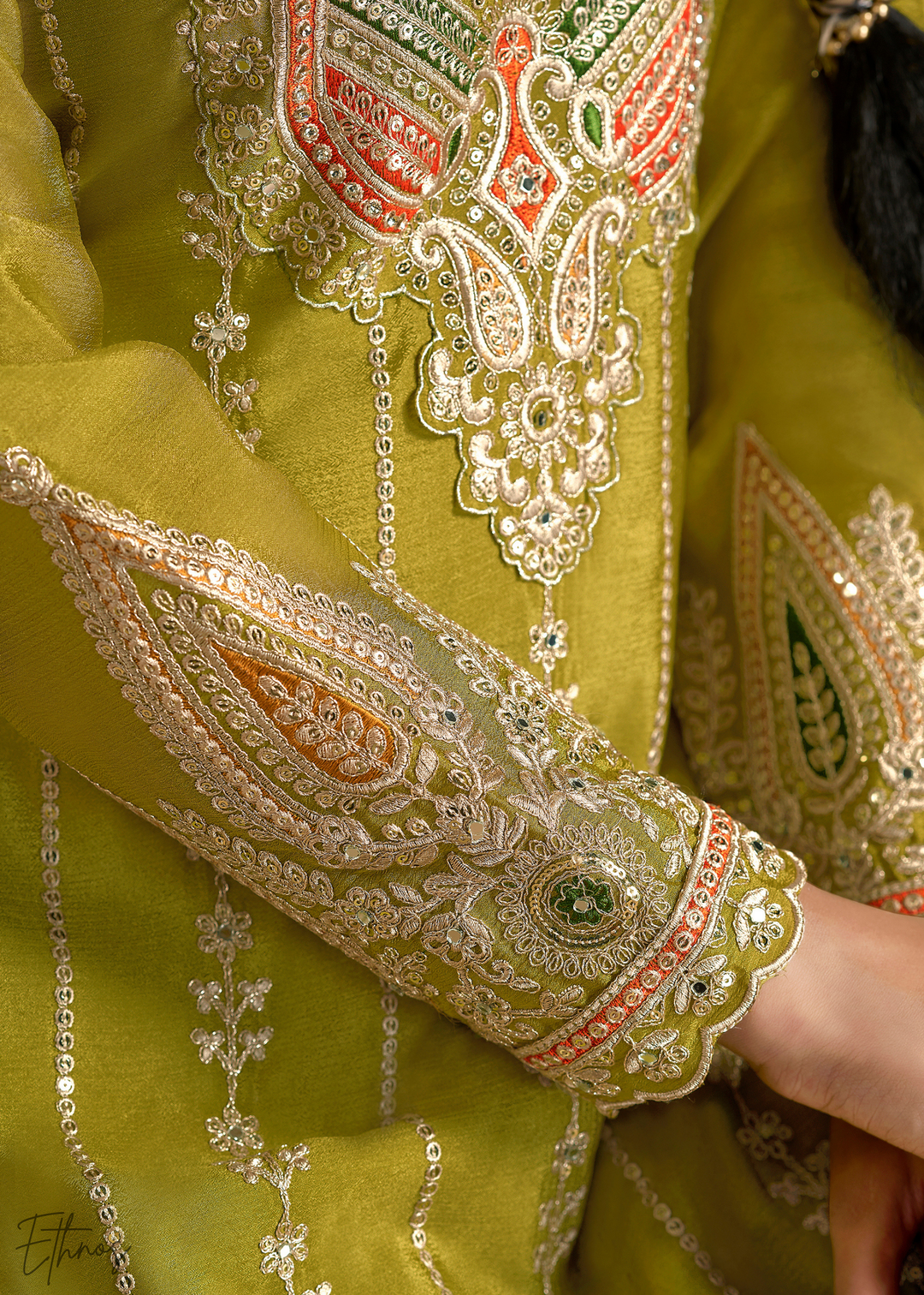 Olive Glaze Printed Chinon Dhoti Suit
