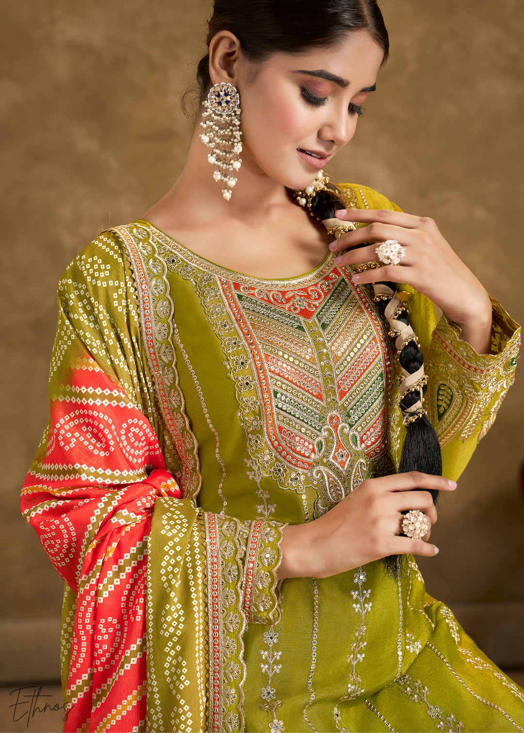Olive Glaze Printed Chinon Dhoti Suit