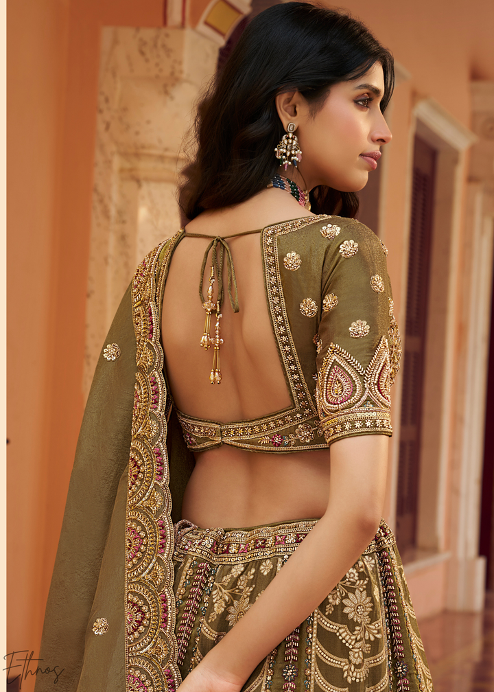 Olive Gold Paisley Weave Banarasi Silk Lehenga Choli