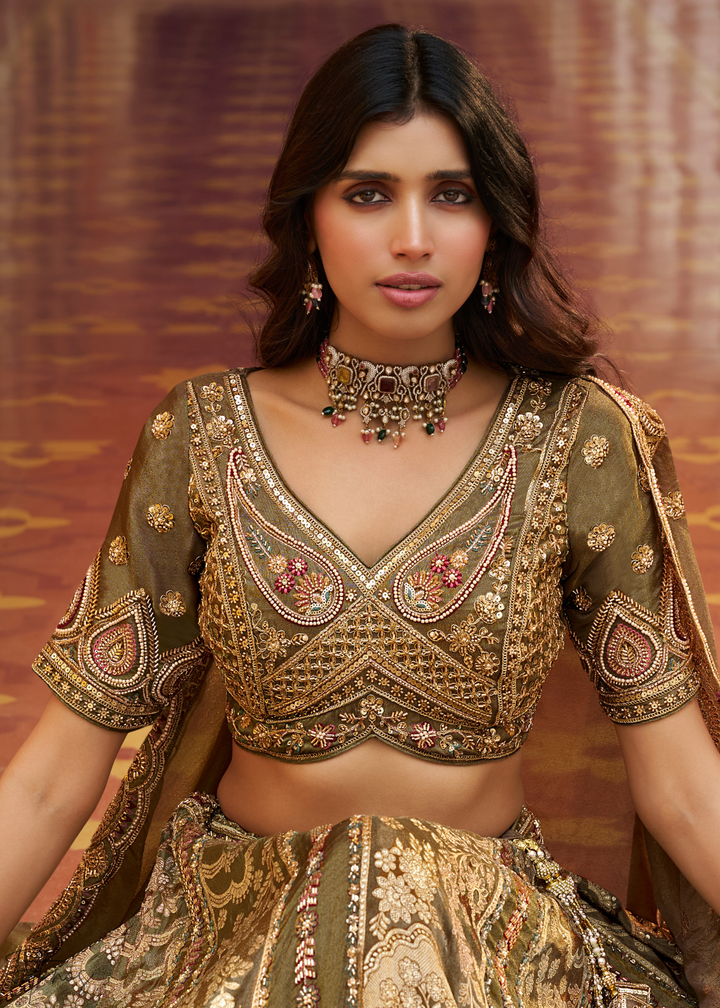 Olive Gold Paisley Weave Banarasi Silk Lehenga Choli