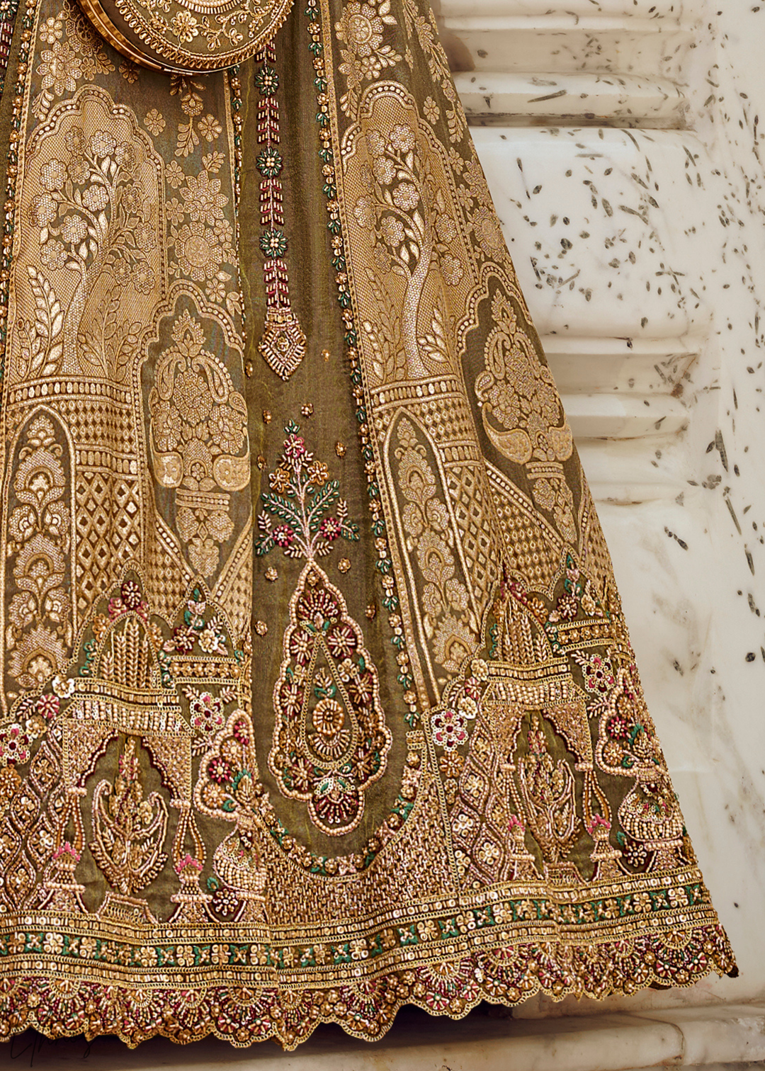 Olive Gold Paisley Weave Banarasi Silk Lehenga Choli