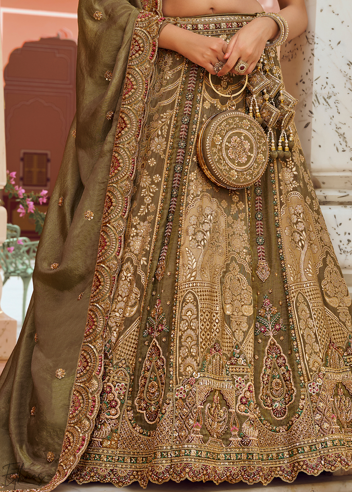 Olive Gold Paisley Weave Banarasi Silk Lehenga Choli