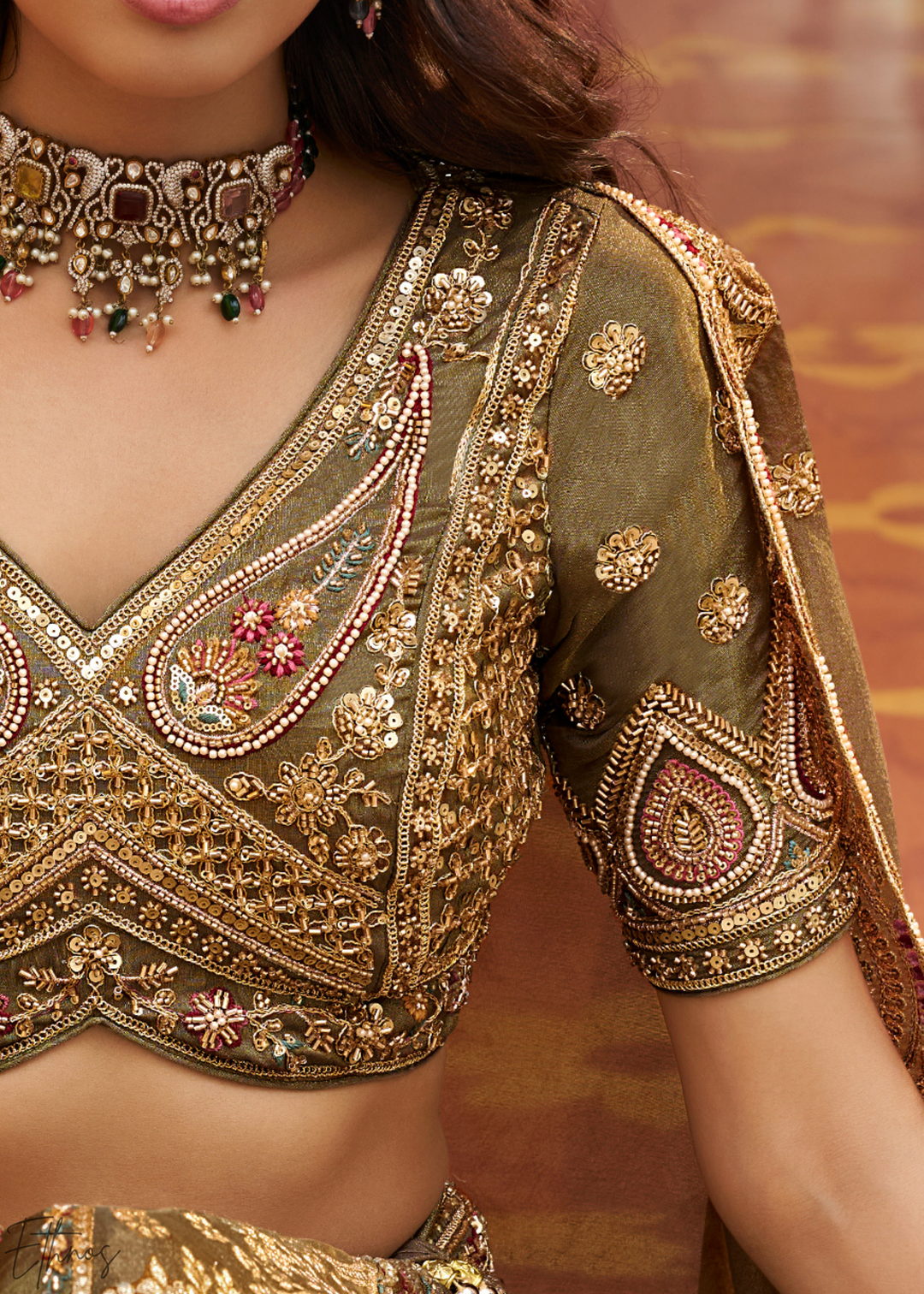 Olive Gold Paisley Weave Banarasi Silk Lehenga Choli