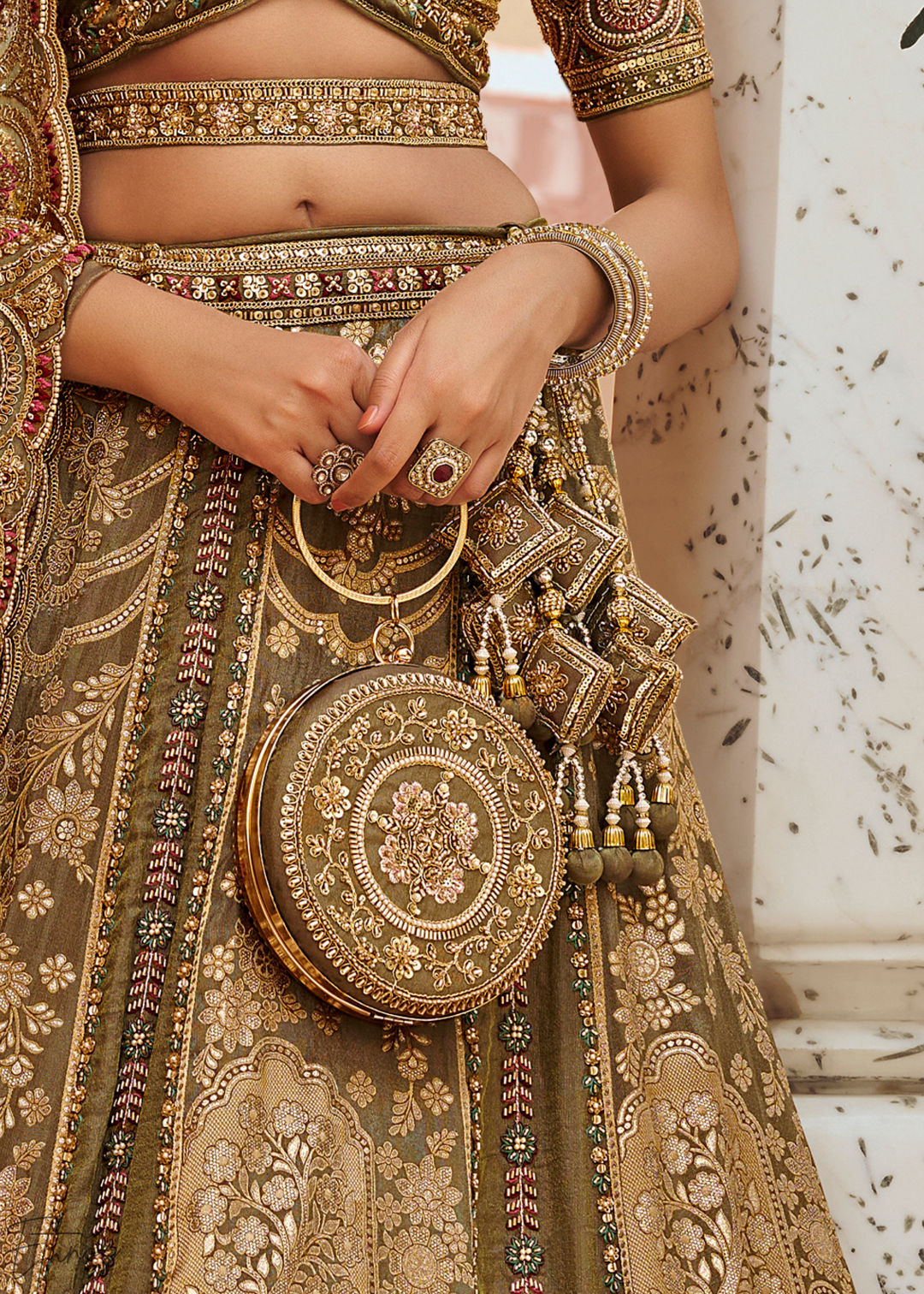 Olive Gold Paisley Weave Banarasi Silk Lehenga Choli
