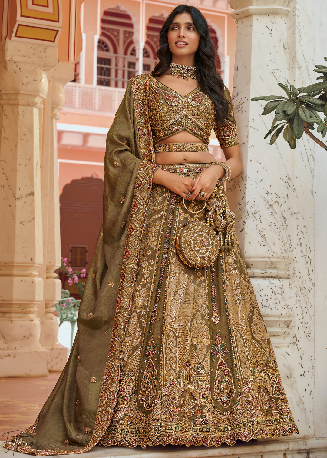 Olive Gold Paisley Weave Banarasi Silk Lehenga Choli