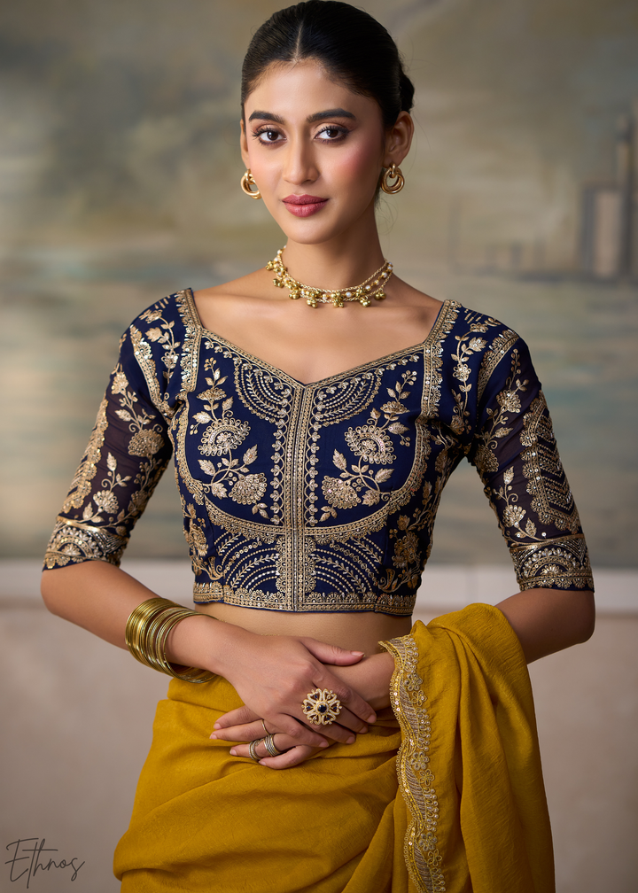 Olive Gold Ruffle Border Georgette Saree