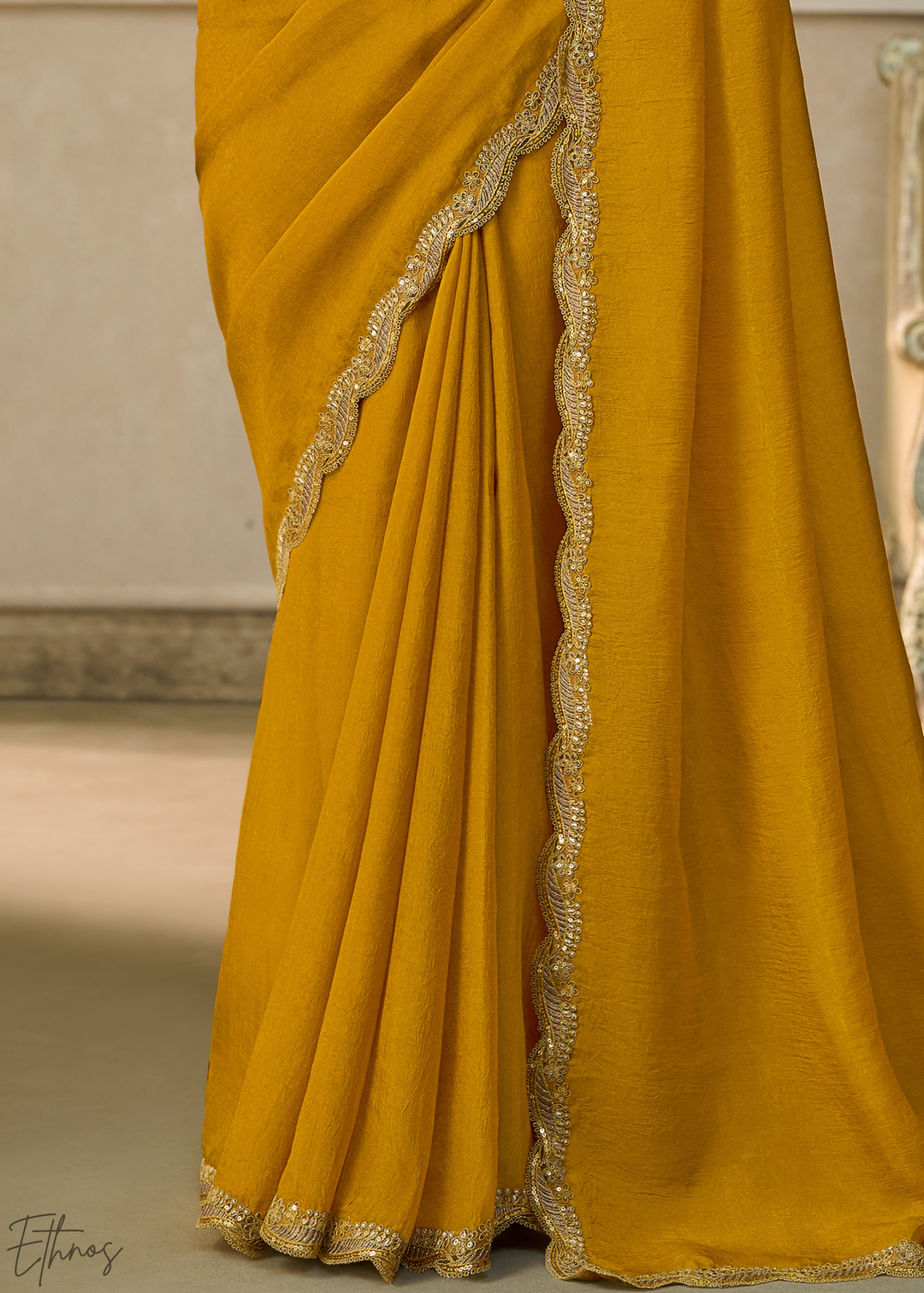 Olive Gold Ruffle Border Georgette Saree