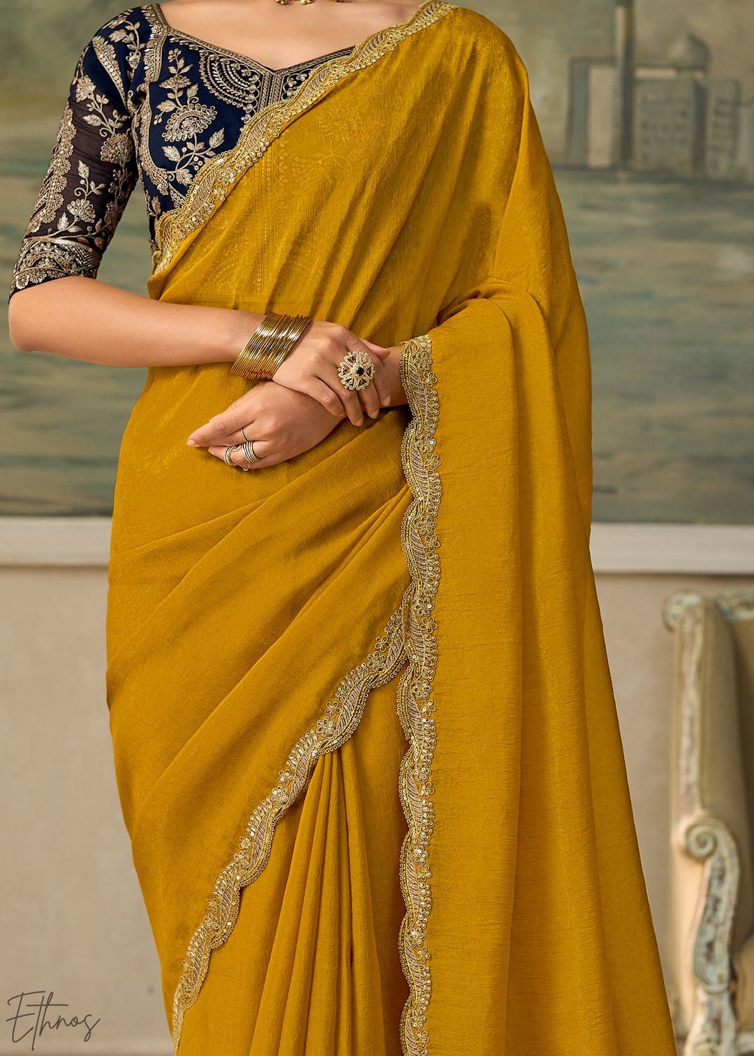 Olive Gold Ruffle Border Georgette Saree