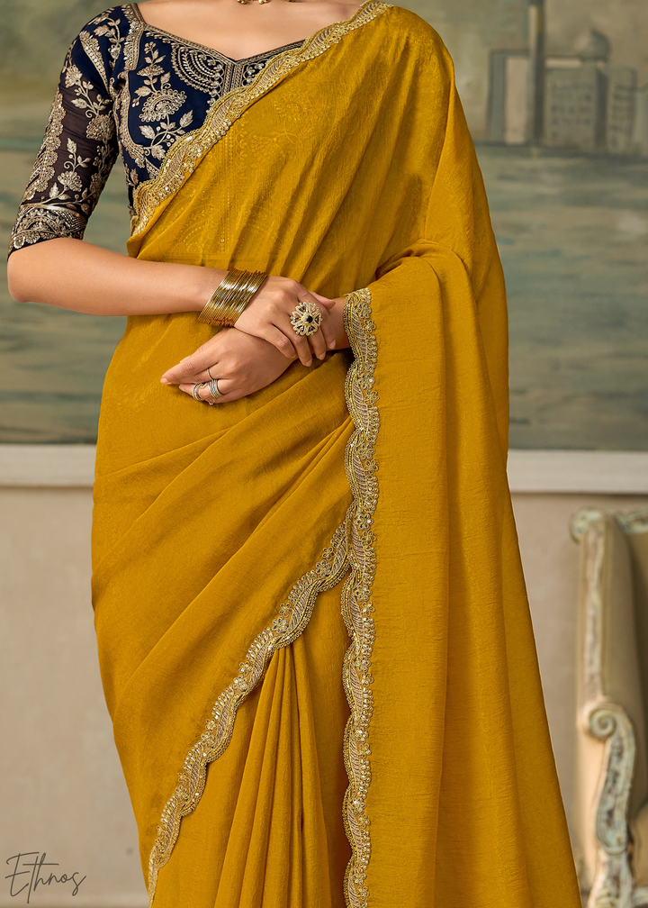 Olive Gold Ruffle Border Georgette Saree