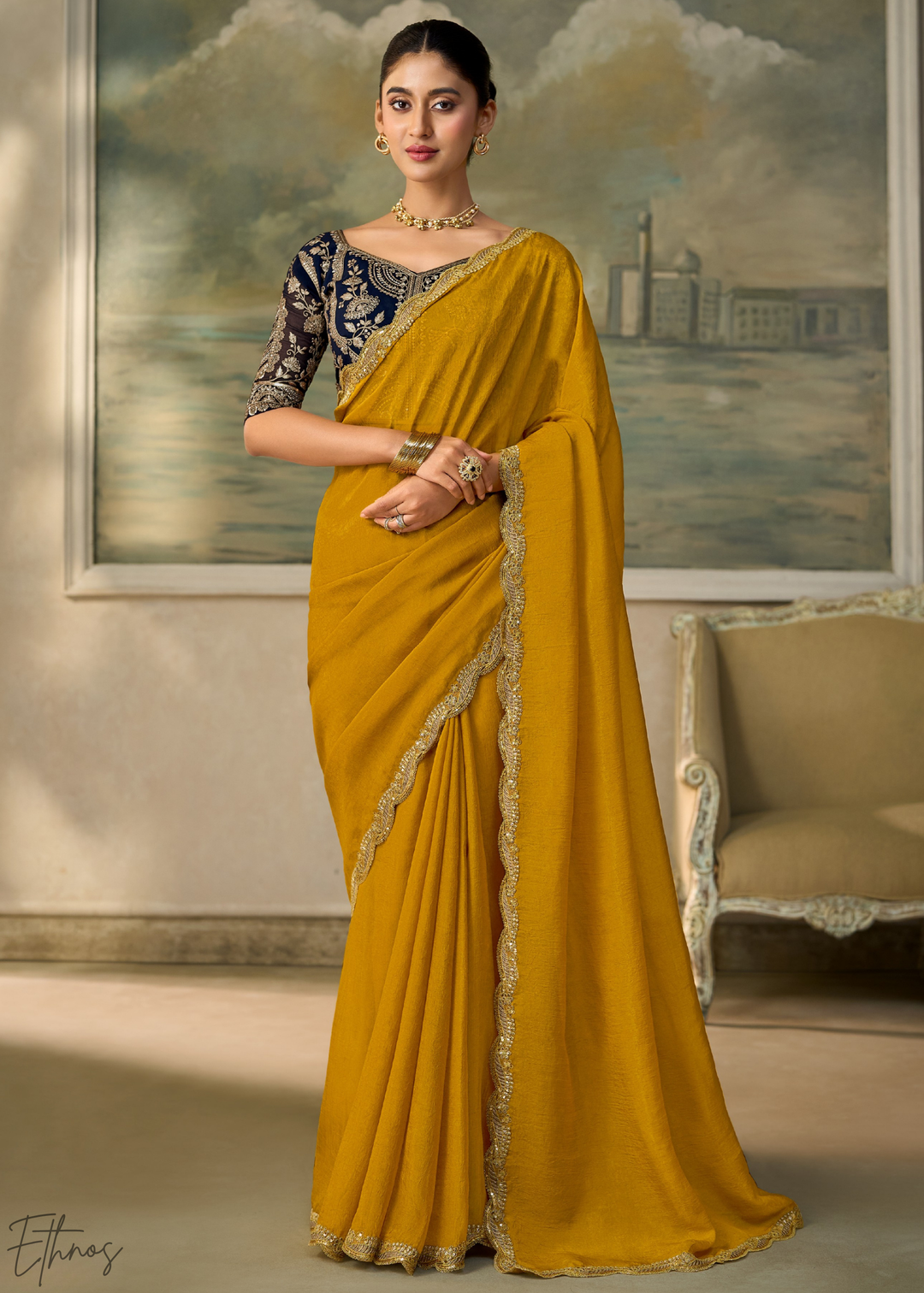 Olive Gold Ruffle Border Georgette Saree
