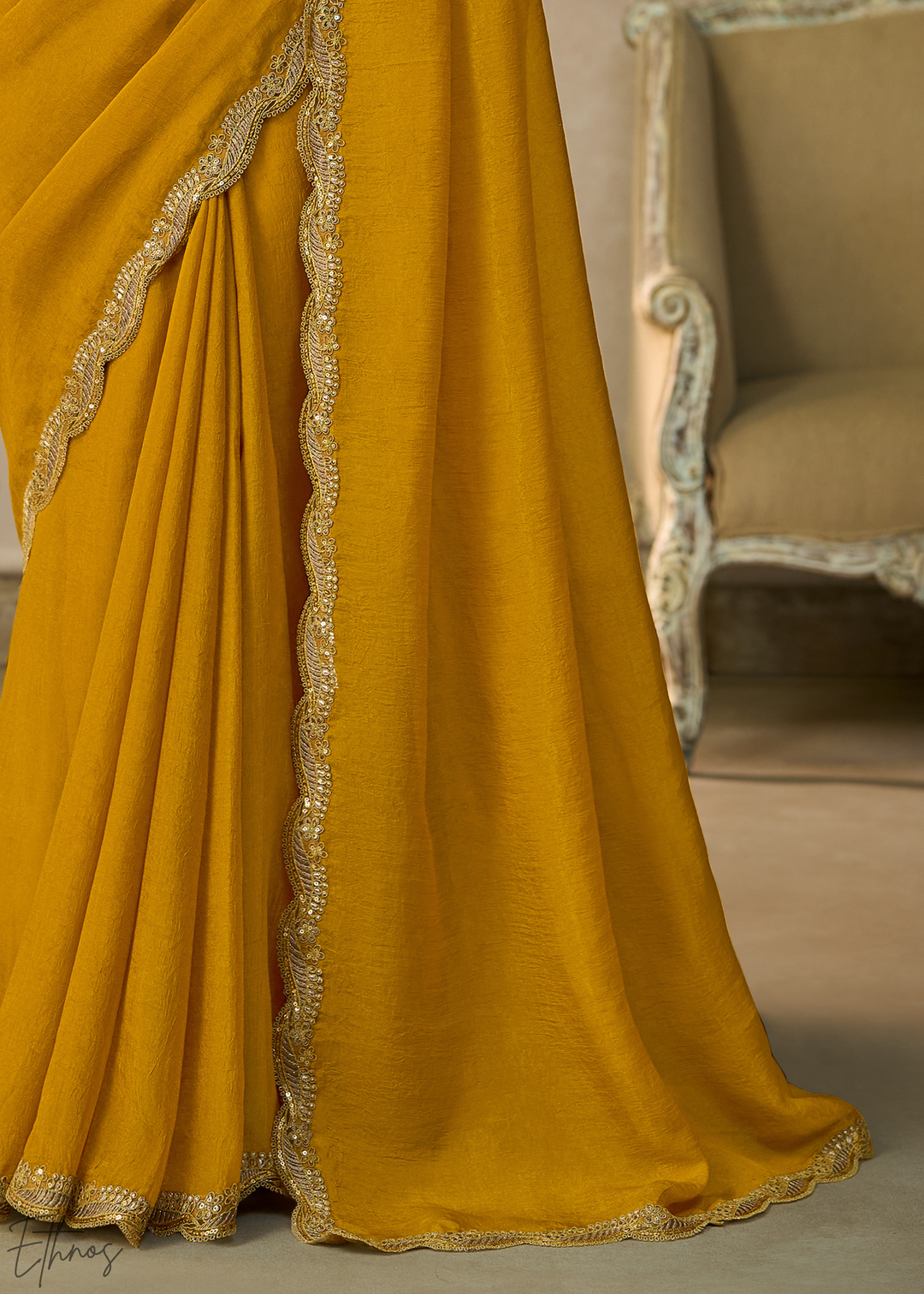 Olive Gold Ruffle Border Georgette Saree