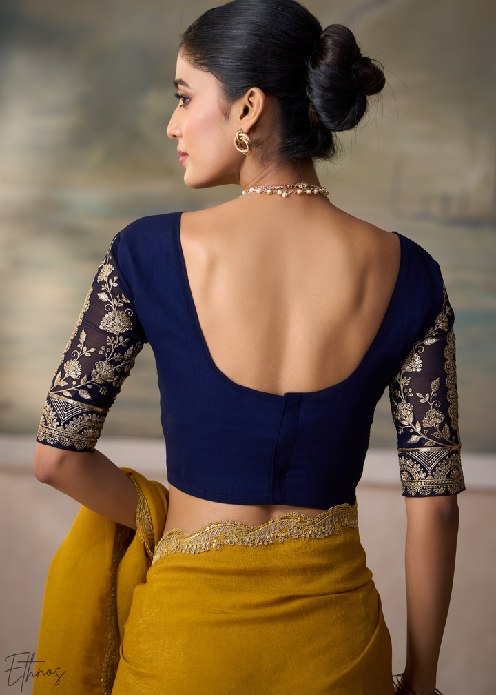 Olive Gold Ruffle Border Georgette Saree