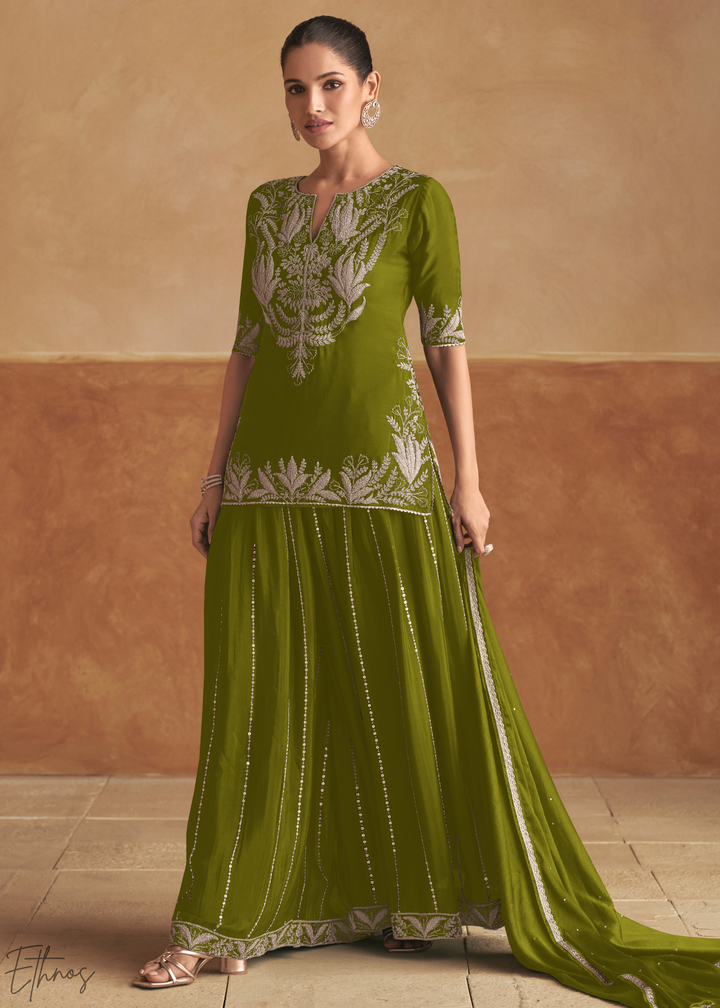 Olive Green Baroque-Embroidered Chinon Sharara Suit