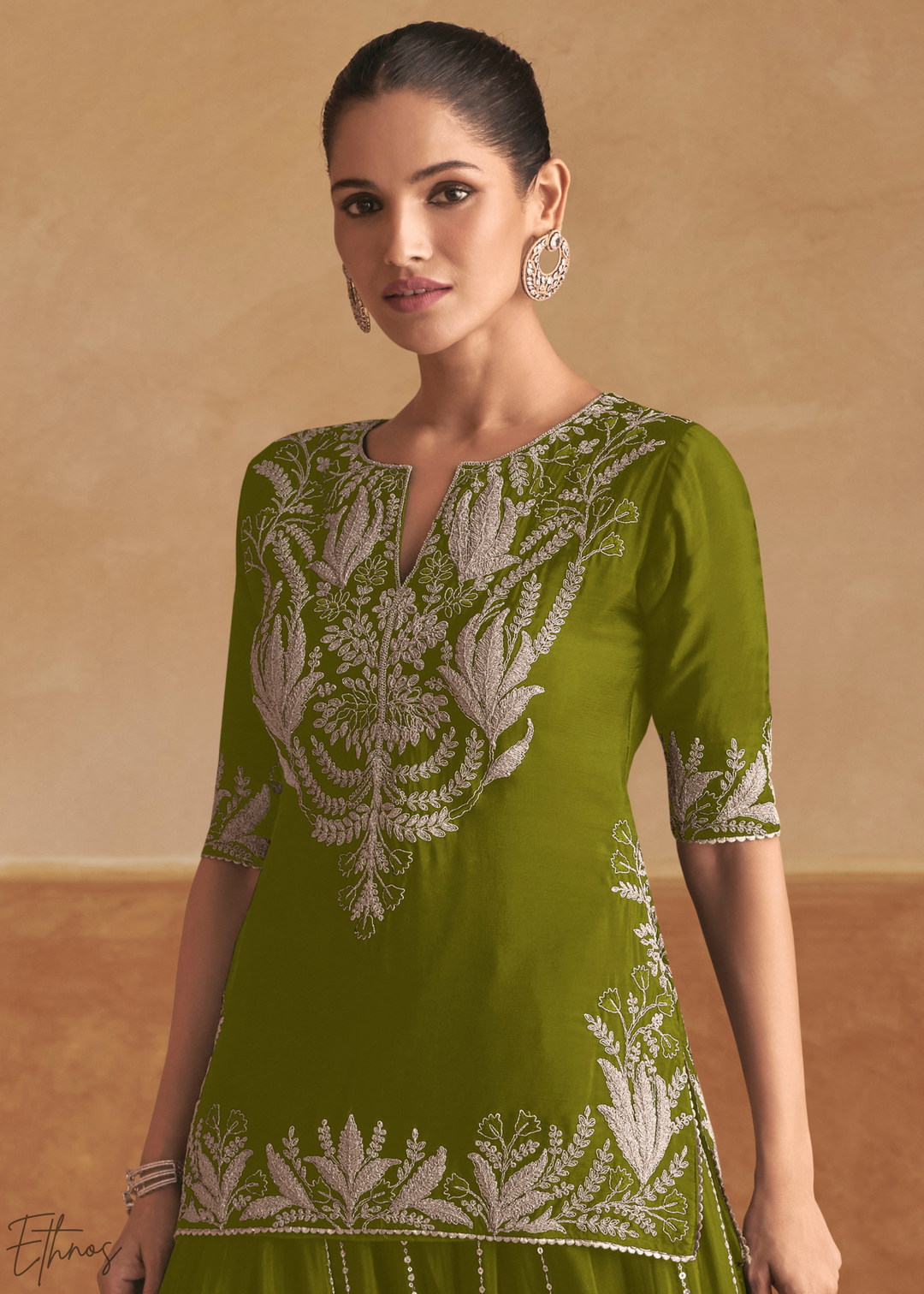 Olive Green Baroque-Embroidered Chinon Sharara Suit