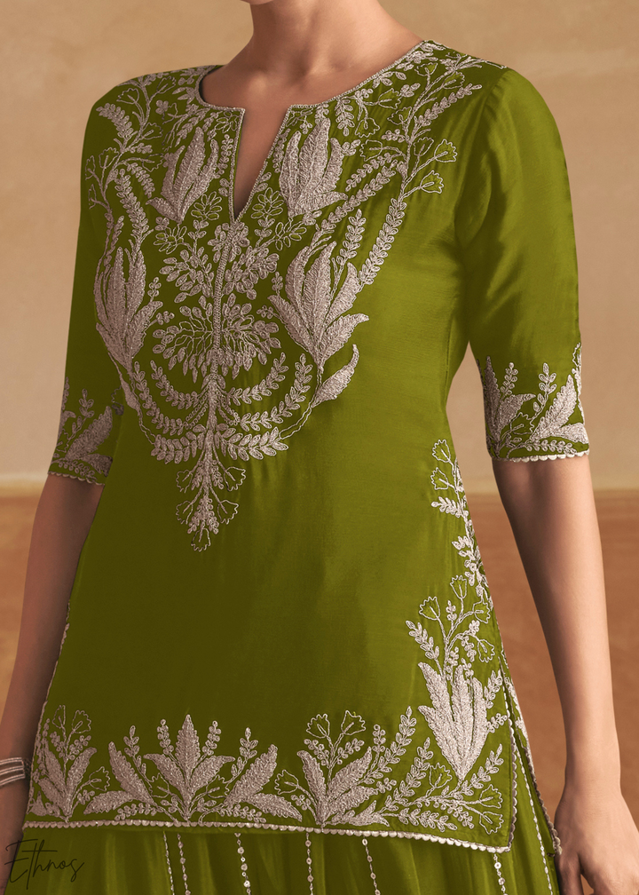Olive Green Baroque-Embroidered Chinon Sharara Suit