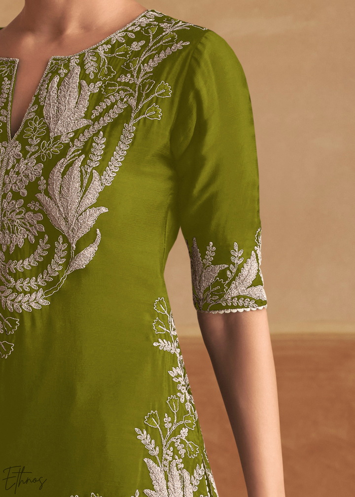 Olive Green Baroque-Embroidered Chinon Sharara Suit