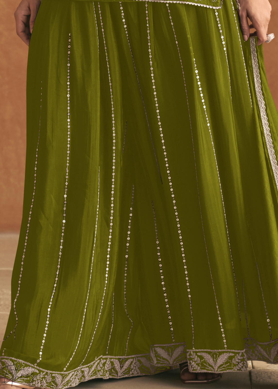 Olive Green Baroque-Embroidered Chinon Sharara Suit