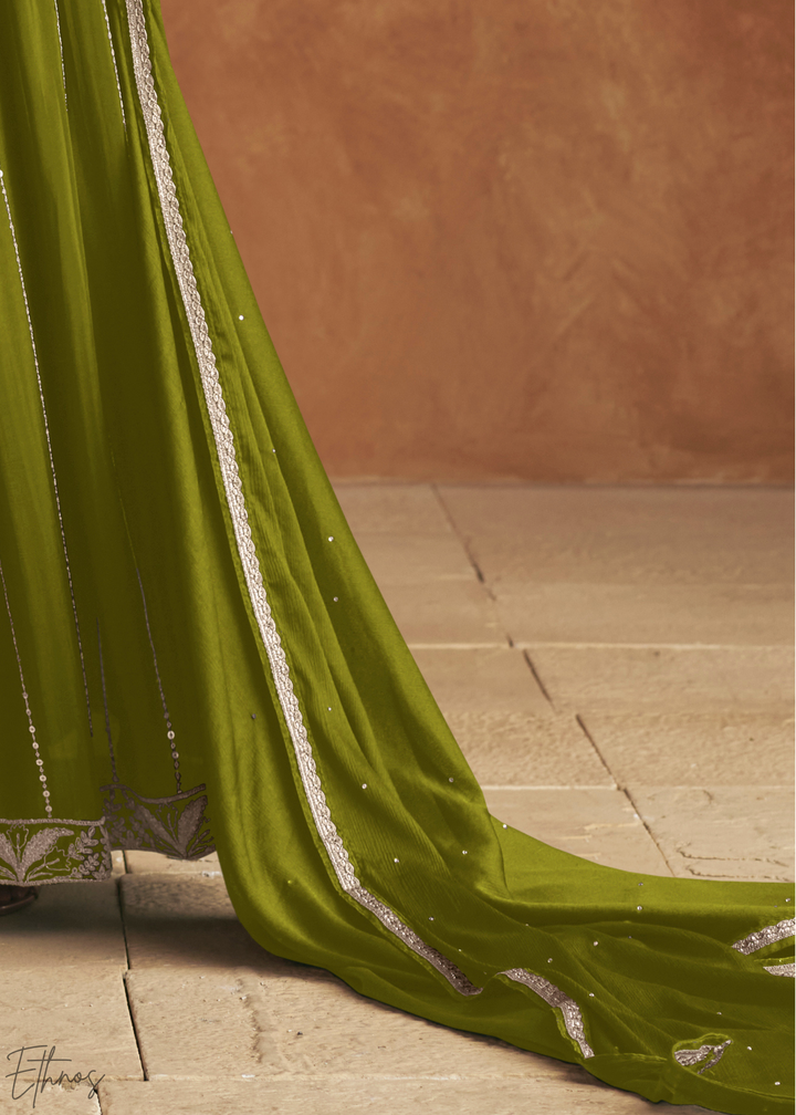 Olive Green Baroque-Embroidered Chinon Sharara Suit