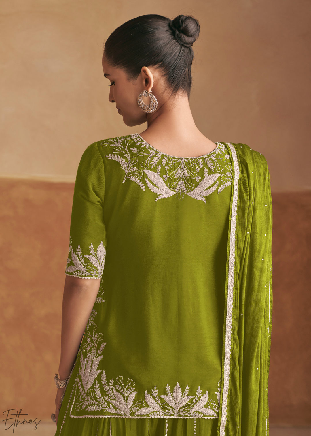 Olive Green Baroque-Embroidered Chinon Sharara Suit